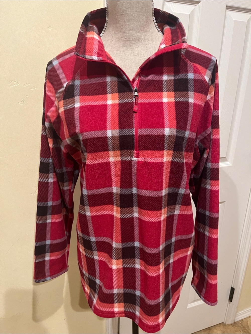 Eddie Bauer Red Plaid Half-Zip Fleece Pullover